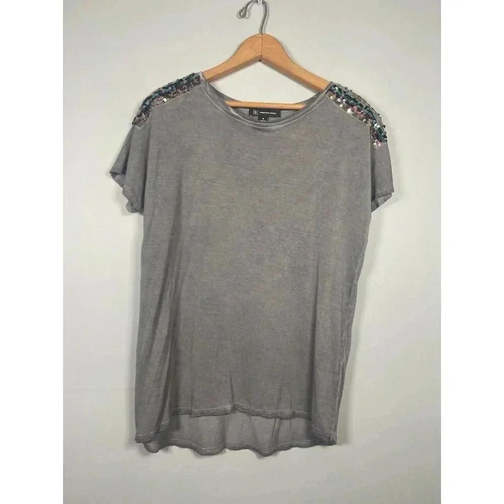 INC International Concepts Womens Top Medium‎ Gray Mineral Wash Sequin Shoulders